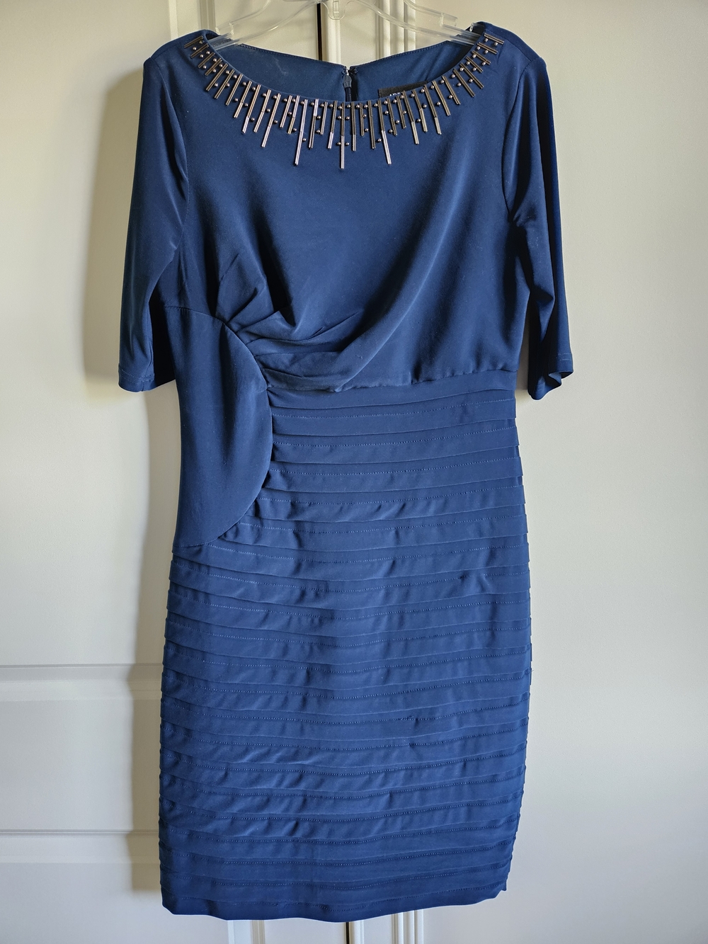 Adrianna Papell Petite Navy Embellished Neck Sheath Dress 8P